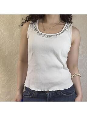 Nine West Tank Top Womens Medium White Cotton w/ Beaded Sequin Ruffle Collar